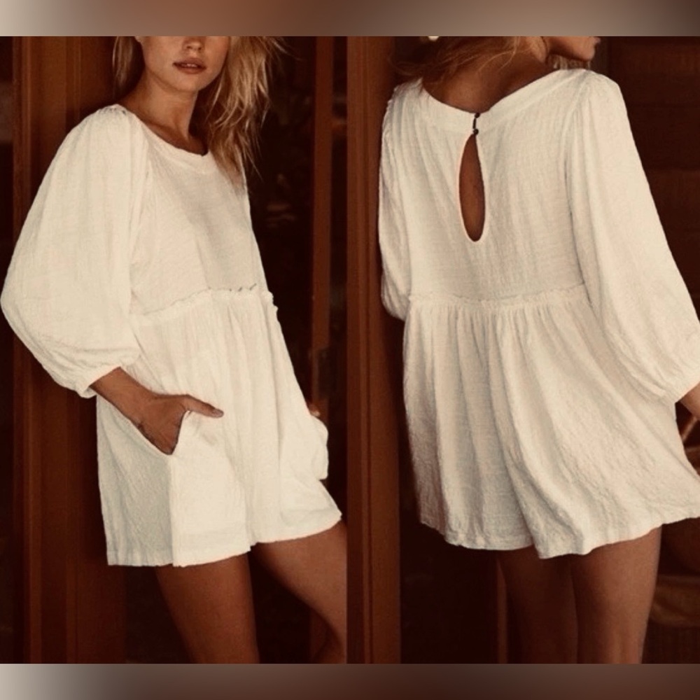 Free People Beach Beyond Obsessed Romper Small Oatmeal Bubble Sleeve Gauzy Relax